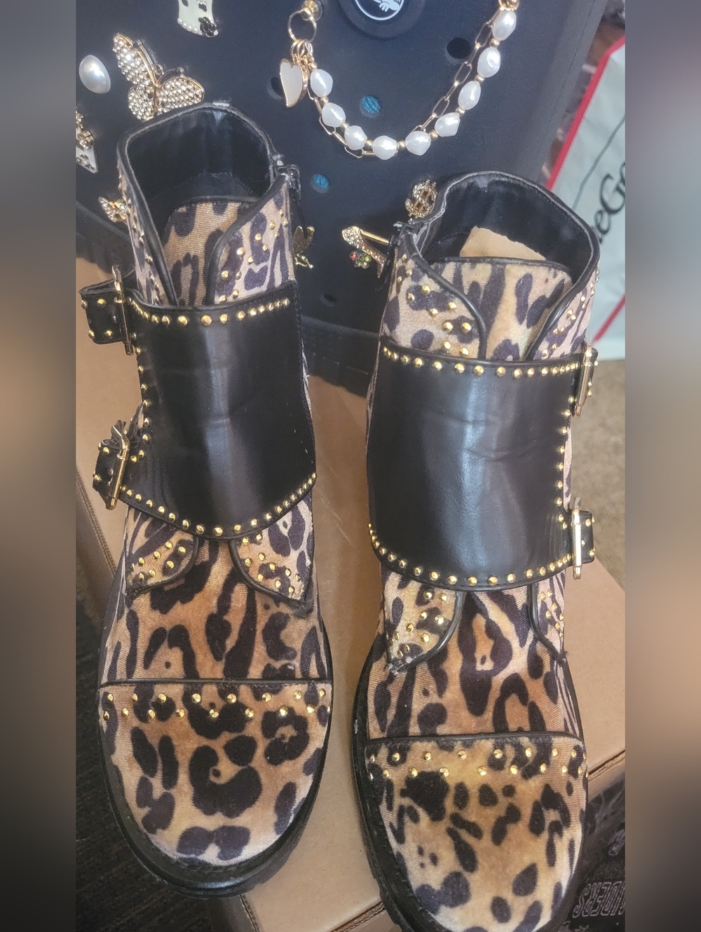Design Lab Lord & Taylor Leopard Print Ankle Boots with Black Studded Straps